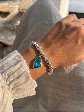 Silver Plated Faced Crystal Beaded Bracelet Blue Stainless steel Womens Jewelry